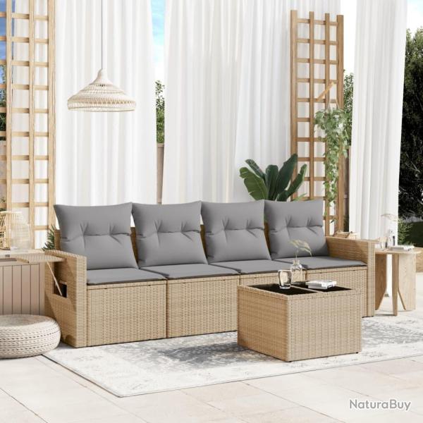 Salon de jardin avec coussins 5 pcs beige r�sine tress�e alsavelo