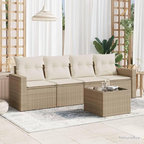 Salon de jardin avec coussins 5 pcs beige r�sine tress�e alsavelo