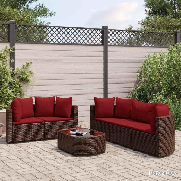 Salon de jardin avec coussins 6 pcs marron r�sine tress�e