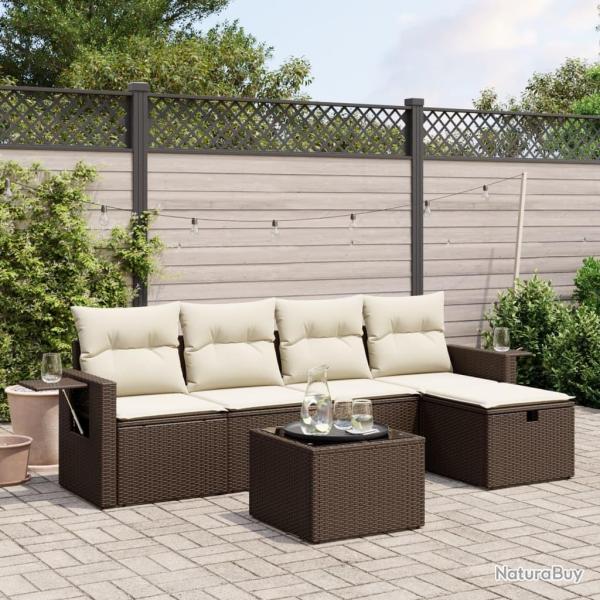 Salon de jardin avec coussins 6 pcs marron r�sine tress�e