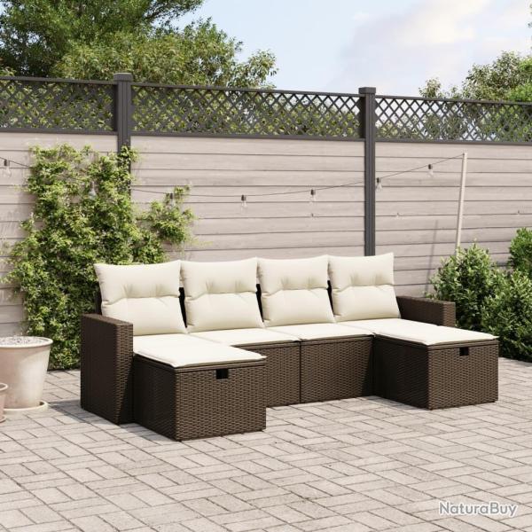 Salon de jardin avec coussins 6 pcs marron r�sine tress�e alsavelo