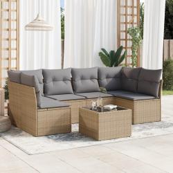 Salon de jardin avec coussins 7 pcs beige r&eacute;sine tress&eacute;e
