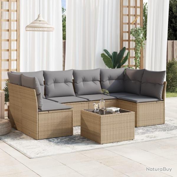 Salon de jardin avec coussins 7 pcs beige r�sine tress�e