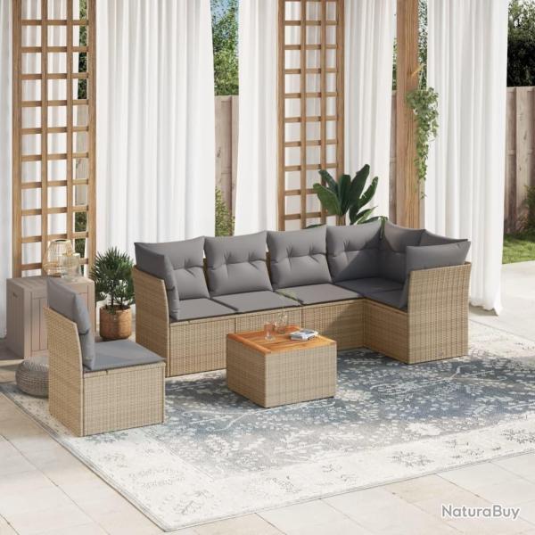 Salon de jardin avec coussins 7 pcs beige r�sine tress�e