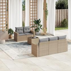 Salon de jardin avec coussins 6 pcs beige r&eacute;sine tress&eacute;e alsavelo