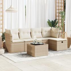 Salon de jardin avec coussins 6 pcs beige r&eacute;sine tress&eacute;e alsavelo