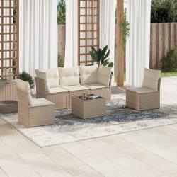 Salon de jardin avec coussins 6 pcs beige r&eacute;sine tress&eacute;e alsavelo