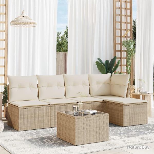 Salon de jardin avec coussins 6 pcs beige r�sine tress�e