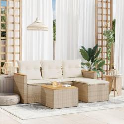 Salon de jardin avec coussins 5 pcs beige r&eacute;sine tress&eacute;e