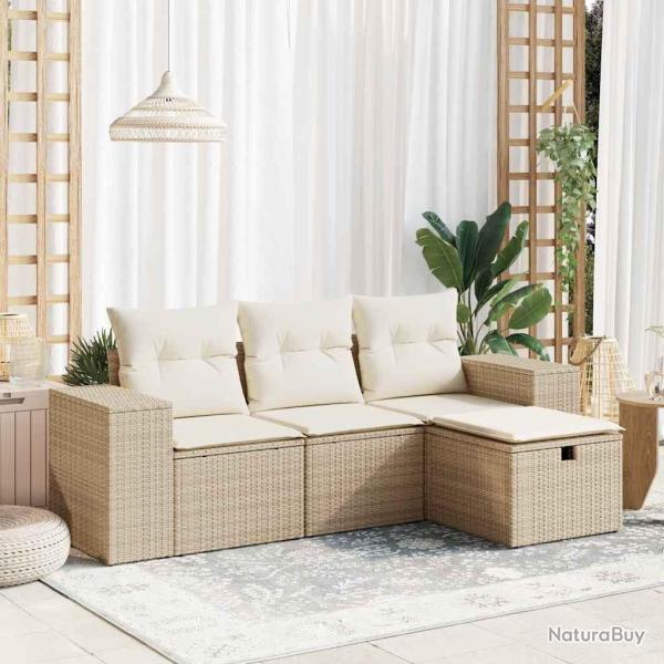 Salon de jardin avec coussins 4 pcs beige r�sine tress�e