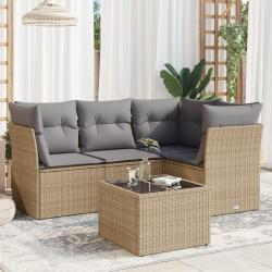 Salon de jardin avec coussins 5 pcs beige r&eacute;sine tress&eacute;e