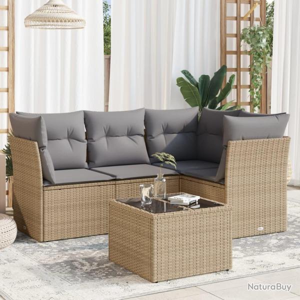 Salon de jardin avec coussins 5 pcs beige r�sine tress�e alsavelo