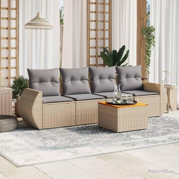 Salon de jardin avec coussins 5 pcs beige r�sine tress�e