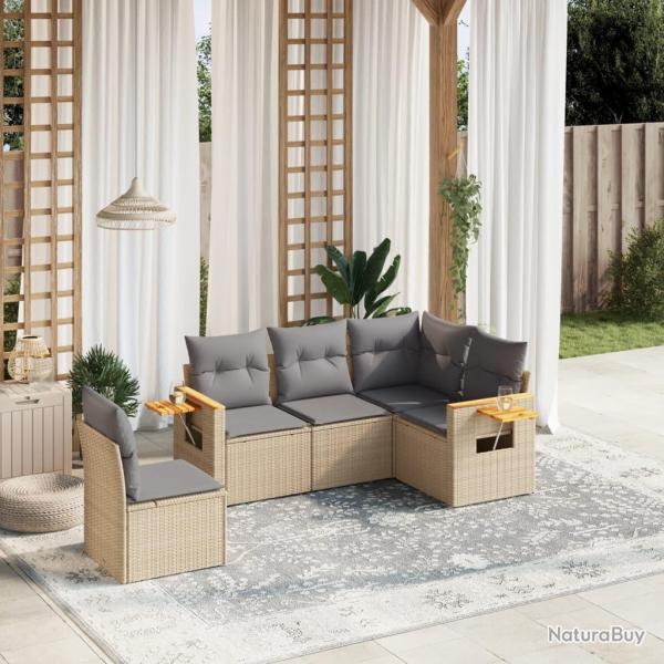 Salon de jardin avec coussins 5 pcs beige r�sine tress�e