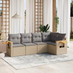 Salon de jardin avec coussins 5 pcs beige r&eacute;sine tress&eacute;e alsavelo