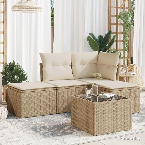 Salon de jardin avec coussins 5 pcs beige r�sine tress�e