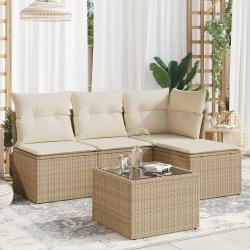 Salon de jardin avec coussins 5 pcs beige r&eacute;sine tress&eacute;e