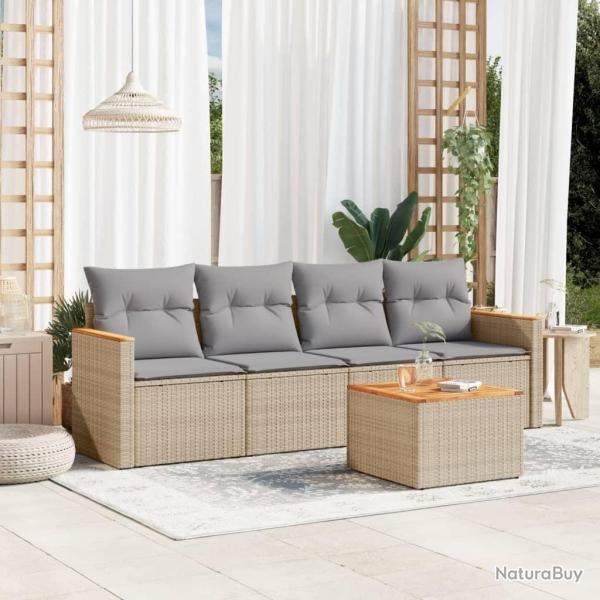 Salon de jardin avec coussins 5 pcs beige r�sine tress�e