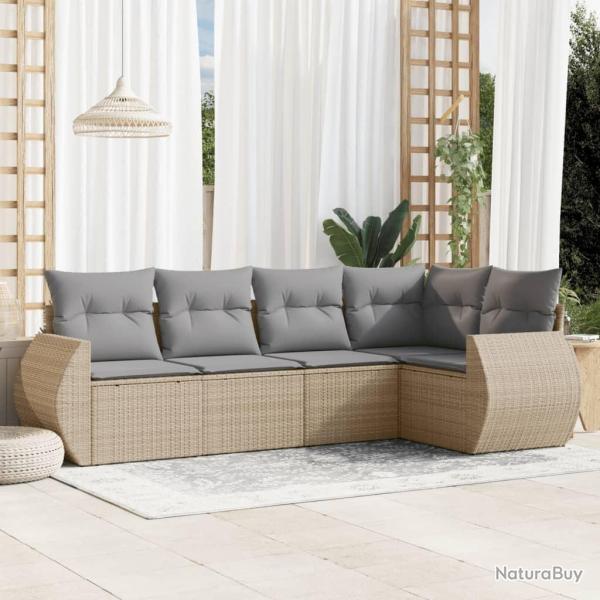 Salon de jardin avec coussins 5 pcs beige r�sine tress�e alsavelo