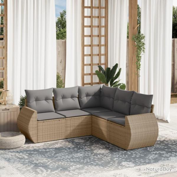 Salon de jardin avec coussins 5 pcs beige r�sine tress�e