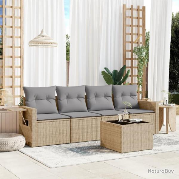 Salon de jardin avec coussins 5 pcs beige r�sine tress�e