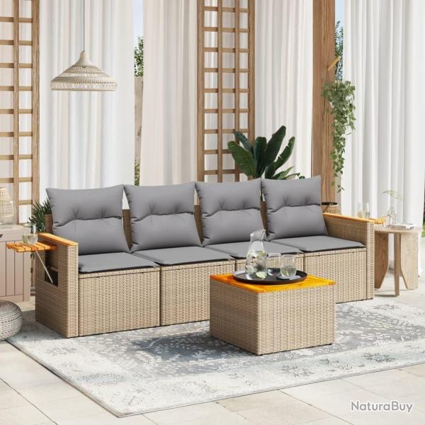 Salon de jardin avec coussins 5 pcs beige r�sine tress�e