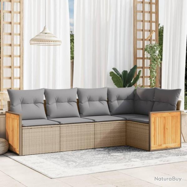 Salon de jardin avec coussins 5 pcs beige r�sine tress�e