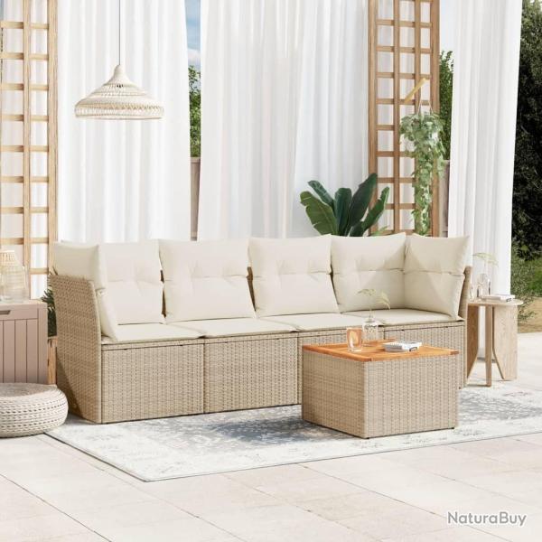 Salon de jardin avec coussins 5 pcs beige r�sine tress�e