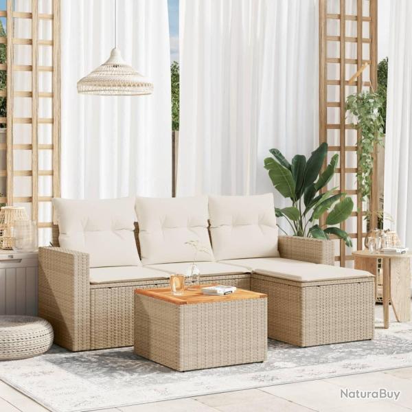 Salon de jardin avec coussins 5 pcs beige r�sine tress�e