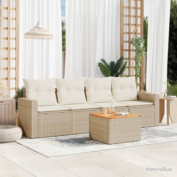 Salon de jardin avec coussins 5 pcs beige r�sine tress�e
