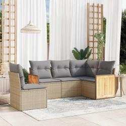 Salon de jardin avec coussins 5 pcs beige r&eacute;sine tress&eacute;e