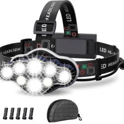 Lampe Frontale Torche 18000 Lumens 8 Ultra Puissante Rechargeable USB 90&deg; R&eacute;glable &Eacute;tanche Rouge