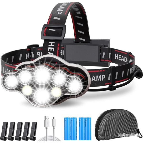 Lampe Frontale Torche 18000 Lumens 8 Ultra Puissante Rechargeable USB 90� R�glable �tanche Rouge