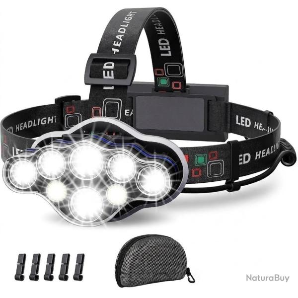 Lampe Frontale Torche 18000 Lumens 8 Ultra Puissante Rechargeable USB 90� R�glable �tanche Rouge