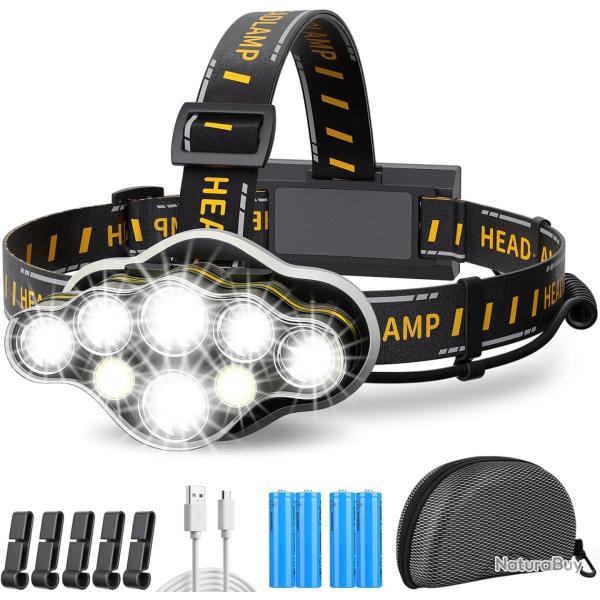 Lampe Frontale Torche 18000 Lumens 8 Ultra Puissante Rechargeable USB 90� R�glable �tanche Orange