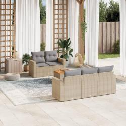 Salon de jardin avec coussins 6 pcs beige r&eacute;sine tress&eacute;e alsavelo