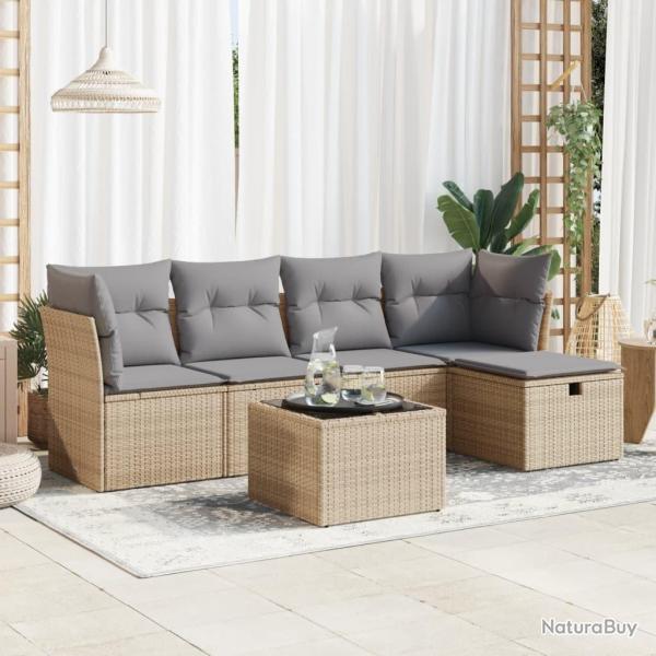 Salon de jardin avec coussins 6 pcs beige r�sine tress�e