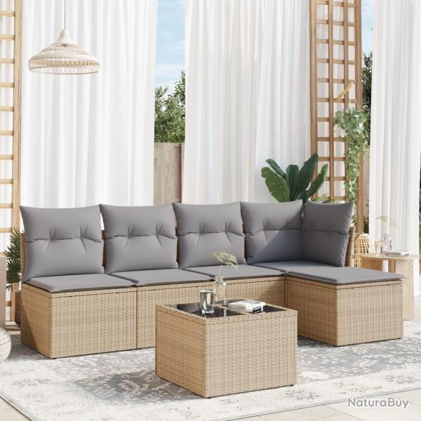 Salon de jardin avec coussins 6 pcs beige r�sine tress�e