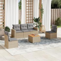 Salon de jardin avec coussins 6 pcs beige r&eacute;sine tress&eacute;e alsavelo