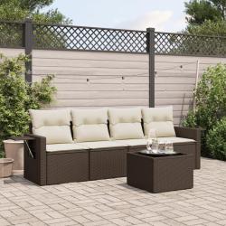 Salon de jardin avec coussins 5 pcs marron r&eacute;sine tress&eacute;e alsavelo