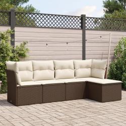 Salon de jardin avec coussins 5 pcs marron r&eacute;sine tress&eacute;e