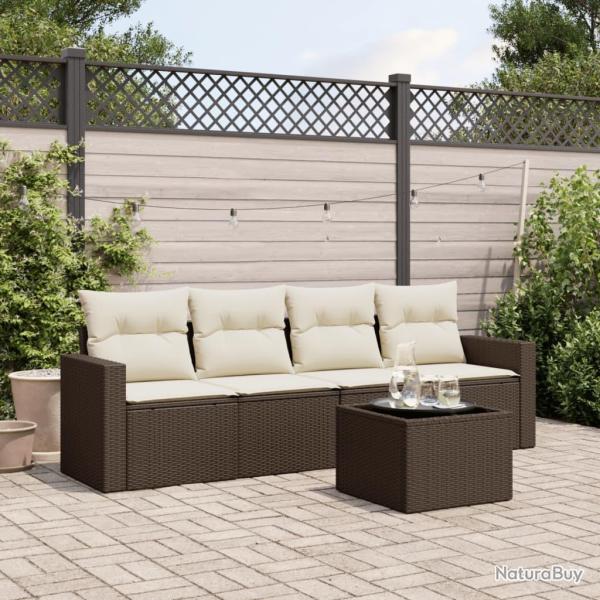 Salon de jardin avec coussins 5 pcs marron r�sine tress�e