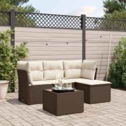 Salon de jardin avec coussins 5 pcs marron r&eacute;sine tress&eacute;e