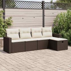 Salon de jardin avec coussins 5 pcs marron r&eacute;sine tress&eacute;e alsavelo