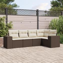 Salon de jardin avec coussins 5 pcs marron r&eacute;sine tress&eacute;e alsavelo