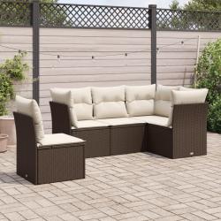 Salon de jardin avec coussins 5 pcs marron r&eacute;sine tress&eacute;e