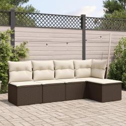 Salon de jardin avec coussins 5 pcs marron r&eacute;sine tress&eacute;e alsavelo