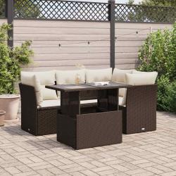 Salon de jardin avec coussins 5 pcs marron r&eacute;sine tress&eacute;e alsavelo