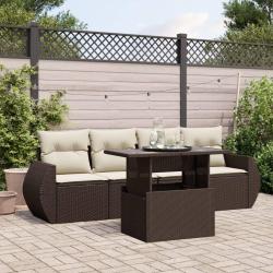 Salon de jardin avec coussins 5 pcs marron r&eacute;sine tress&eacute;e alsavelo