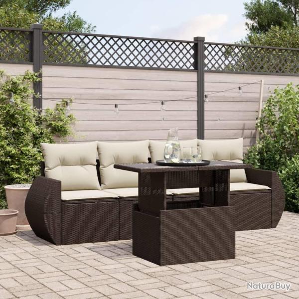 Salon de jardin avec coussins 5 pcs marron r�sine tress�e
